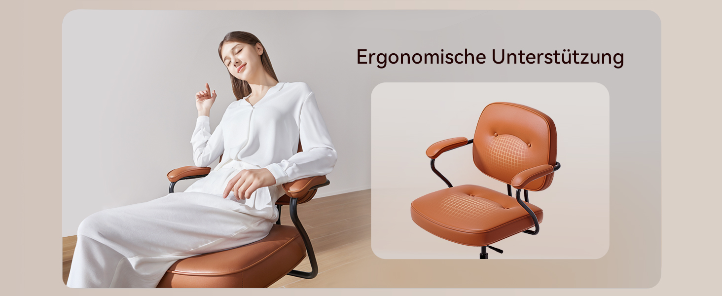 Der Text lautet „Optimierte Ergonomie“. Modernes weißes Home-Office-Setup mit Schreibtisch mit montiertem Monitorarm und ergonomischem Bürostuhl.