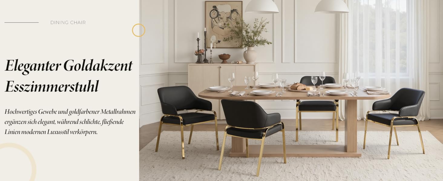 Der Text lautet „Eleganter Goldakzent Esszimmerstuhl“. Modernes Esszimmer mit Stühlen mit goldenen Akzenten rund um einen Holztisch, mit schwarzen Polstern und neutralen Dekorelementen.