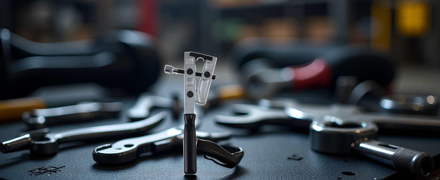 Close-up of black metal tools laid out on dark surface, including screwdrivers and precision instruments in metallic finish.