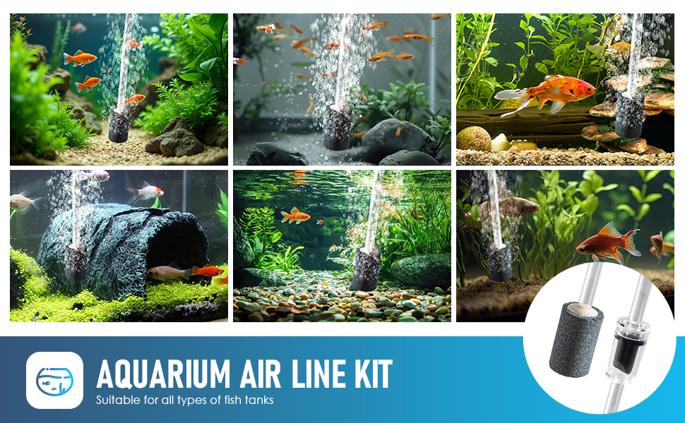 Text reads: 'AQUARIUM AIR LINE KIT'. Grid of six aquarium photos showing bubbling fountains and fish tanks with product icon below.