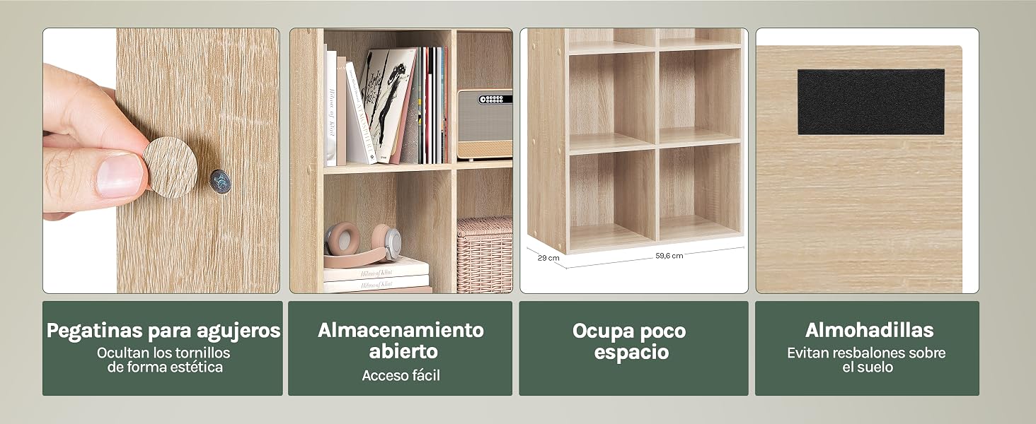 Sistema modular de almacenamiento de madera que muestra múltiples compartimentos y estanterías con instrucciones de instalación en paneles de texto en español