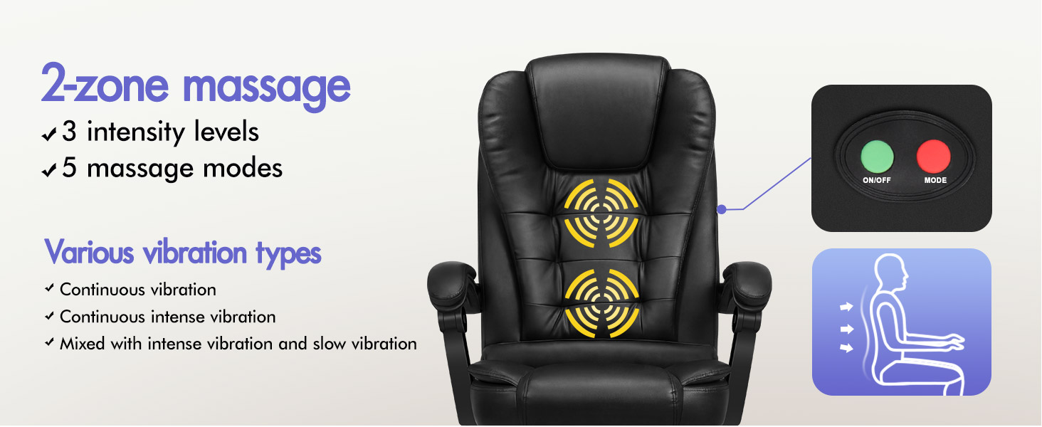 Text reads 'Ozone massage' '23 intensity levels' '5 massage modes' 'Various vibration types' 'Continuous vibration' 'Pulse vibration' 'Interval vibration and skin stimulation'. Black massage chair with remote control and blue instructional card displayed.