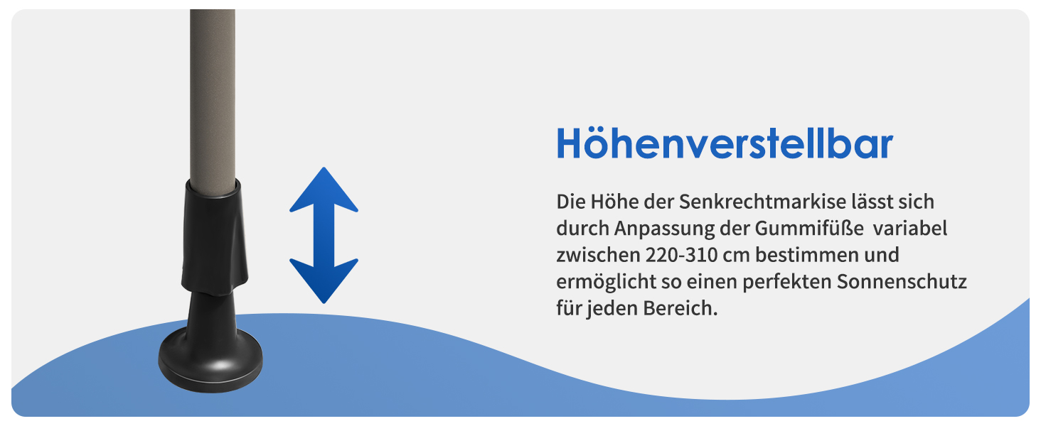 Diagramm, das einen höhenverstellbaren Schirmfuß mit einem vertikalen Pfeil zeigt, der die Einstellbarkeit anzeigt. In einem Text auf Deutsch wird die Reichweite der Funktion von 220—310 cm für optimalen Sonnenschutz erklärt
