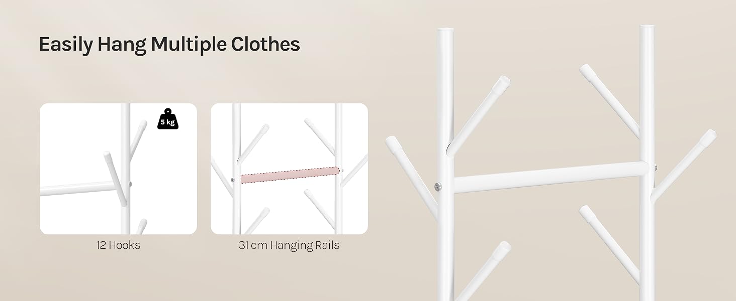 Text reads 'Easily Hang Multiple Clothes'. Instructional diagram showing white wall-mounted hanging system with rectangular frames for organizing garments on beige background.