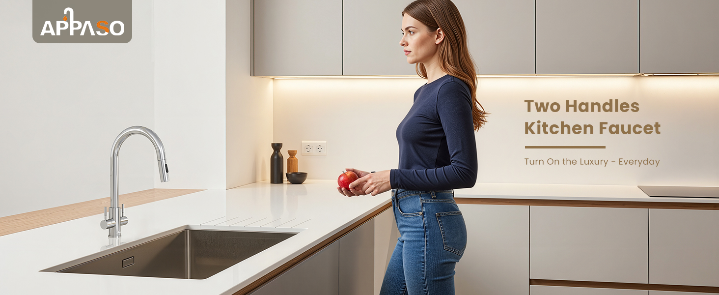 Text reads 'Two Handles Kitchen Faucet'. Modern kitchen setting showing stainless steel sink and faucet installation.