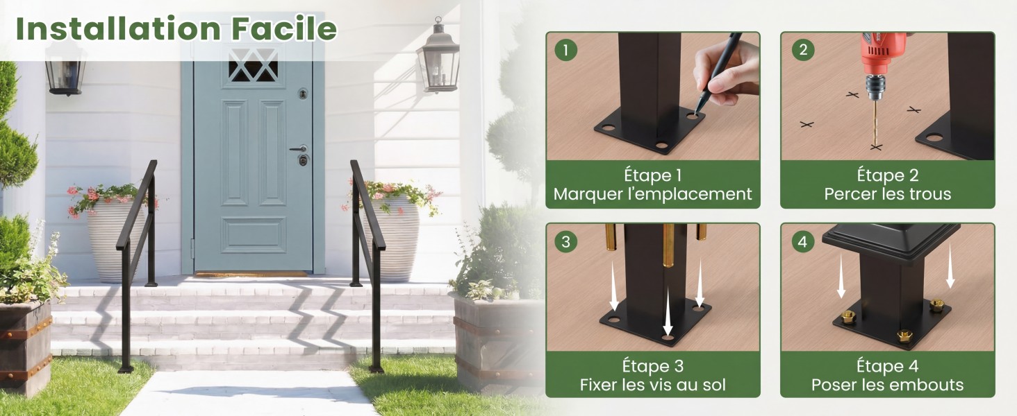 Le texte indique « Installation facile » avec les étapes numérotées 1 à 4 indiquant le processus d'installation. Porte d'entrée bleu clair avec plantes, panneau adjacent montrant quatre photographies d'instructions d'installation étiquetées en vert.