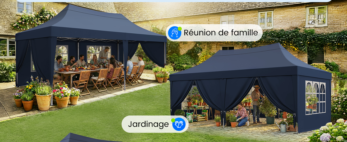 Grande structure de tente extérieure ou de pavillon bleu marine présentée dans de multiples vues, installée sur la pelouse avec mobilier de jardin visible. Installation d'abris commerciaux ou événementiels.