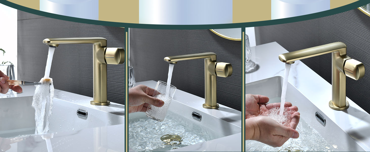 Demonstration eines goldfarbenen Wasserhahns mit herunterziehbarer Sprühfunktion auf drei Tafeln mit verschiedenen Sprühmodi und -positionen.