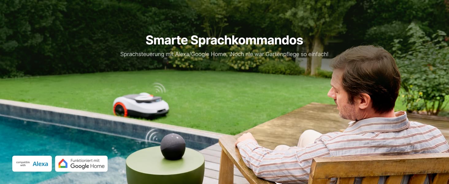 Text sichtbar: 'Smarte Sprachkommandos'. Bilder, die einen Mähroboter zeigen, der auf grünem Rasen arbeitet, mit Demonstrationen der Bedienoberfläche oder Steuerung.