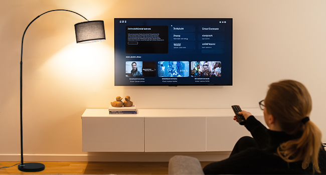 An der Wand montierter Flachbildfernseher mit Streaming-Schnittstellenmenü. Unten finden Sie eine weiße Medienkonsole. Die Stehleuchte beleuchtet die Ecke mit warmem Licht.
