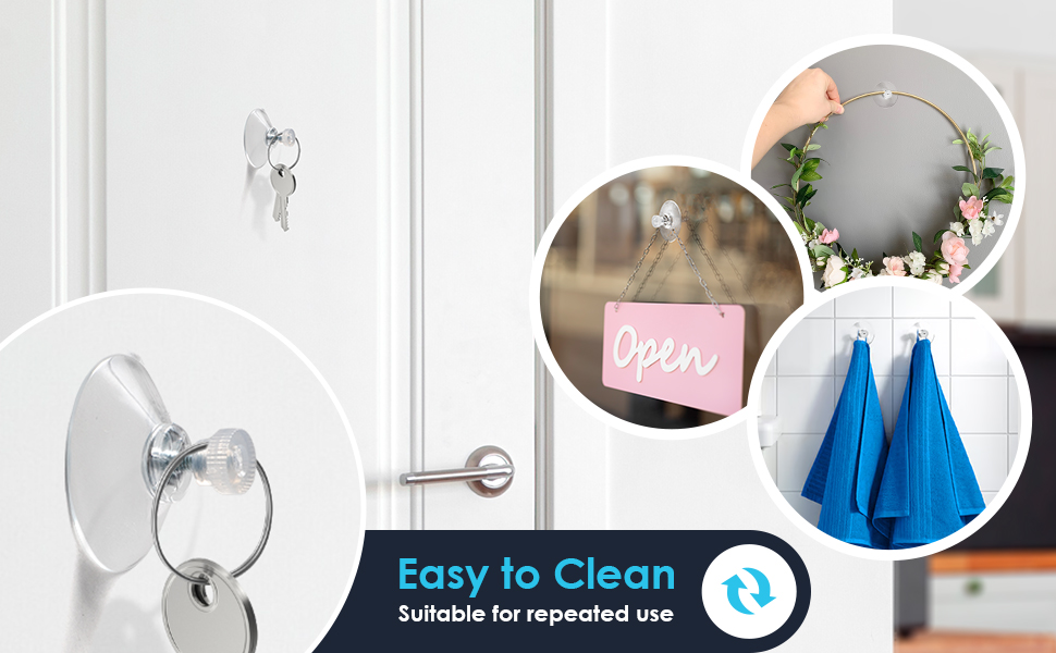 Text reads 'Easy to Clean' with 'Suitable for repeated use' subtitle. Three circular product images showing white suction cup hooks and wall mounting applications.