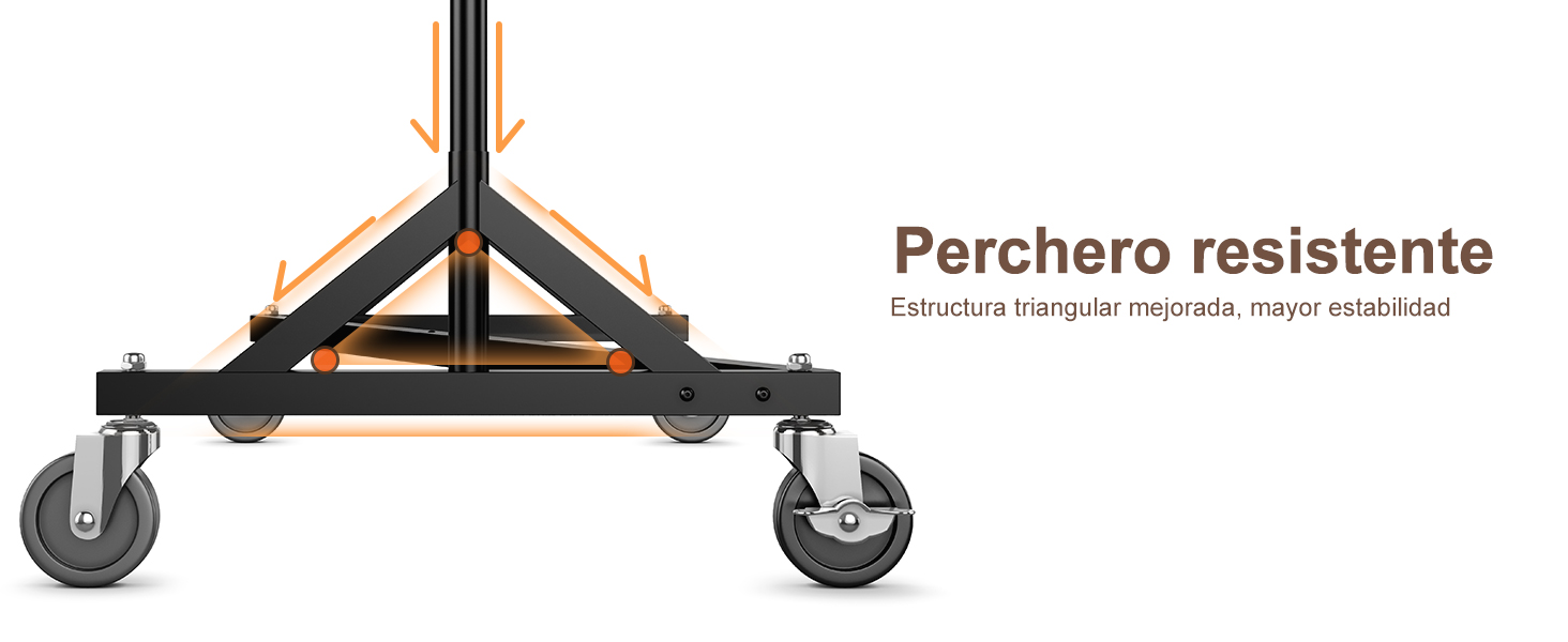 Le texte indique « Perchero resistente ». Plusieurs vues d'un support suspendu robuste ou d'un système de montage à roulettes, montrant différents angles de la construction métallique.