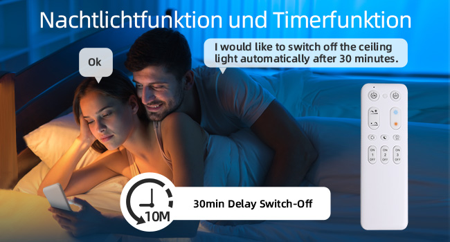 Fernbedienung für Deckenleuchten mit Timerfunktion Das Bild zeigt ein Paar im Bett, Fernbedienung mit Tasten und Text, ca. 30-minütige automatische Abschaltung für den Gebrauch bei Nacht.