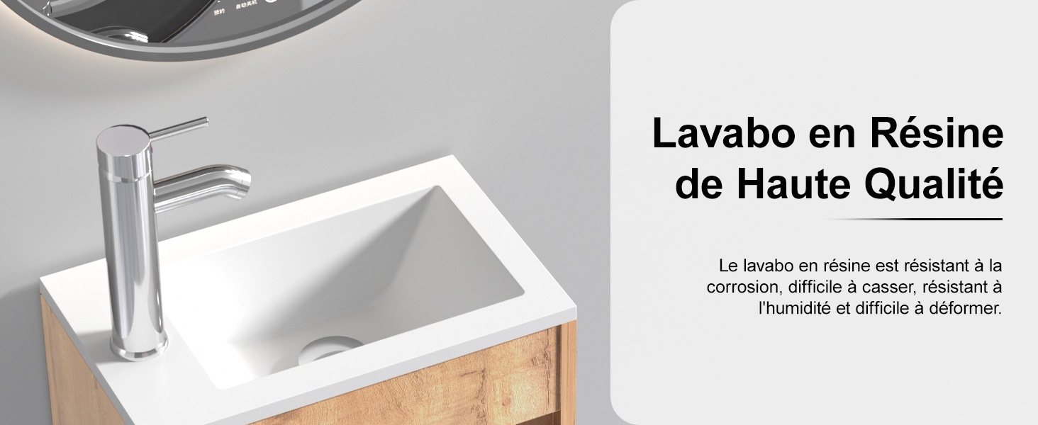 Le texte se lit comme suit : « Lavabo en résine de haute qualité ». Évier en résine blanche présenté sous plusieurs angles démontrant l'installation et les caractéristiques.