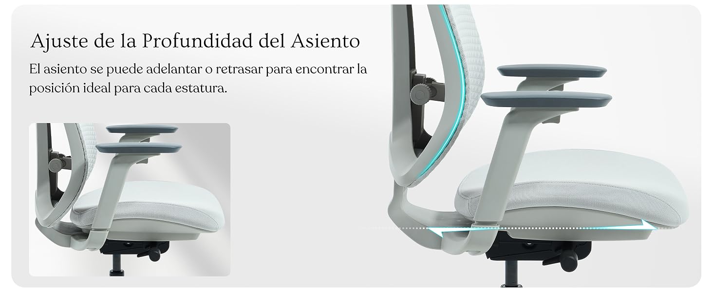 El texto dice «Ajuste de la Profundidad del Asiento». Serie de diagramas técnicos que muestran el mecanismo de ajuste de la profundidad y las posiciones de los asientos de las sillas de oficina.