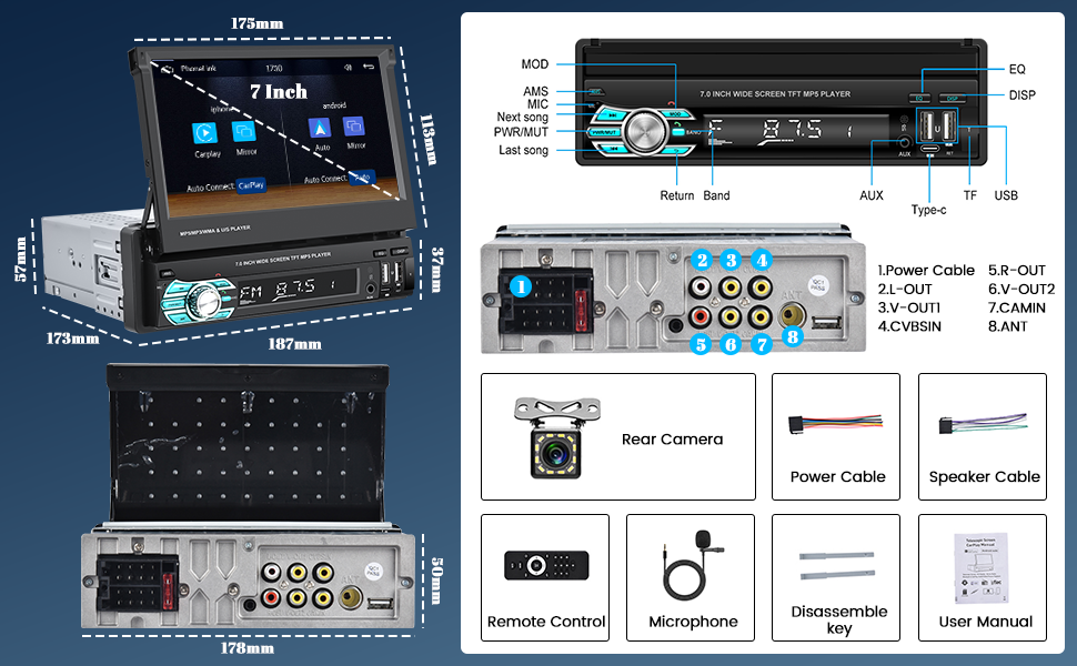 Autoradio 1 Din con Wireless Carplay y Android Auto