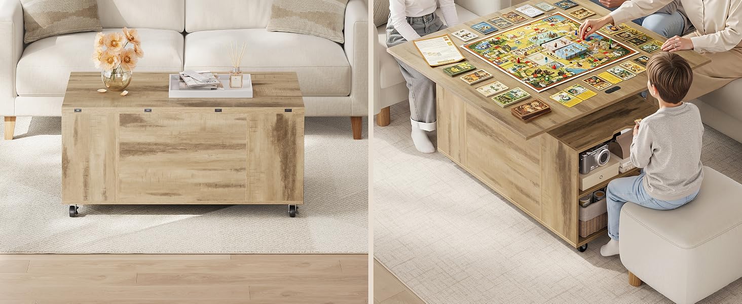 Dos imágenes que muestran muebles de almacenamiento de madera natural: el lado izquierdo muestra una mesa de café de madera con estantes abiertos en la sala de estar; la derecha muestra una caja de almacenamiento de juguetes de madera con cajones y juegos para niños.