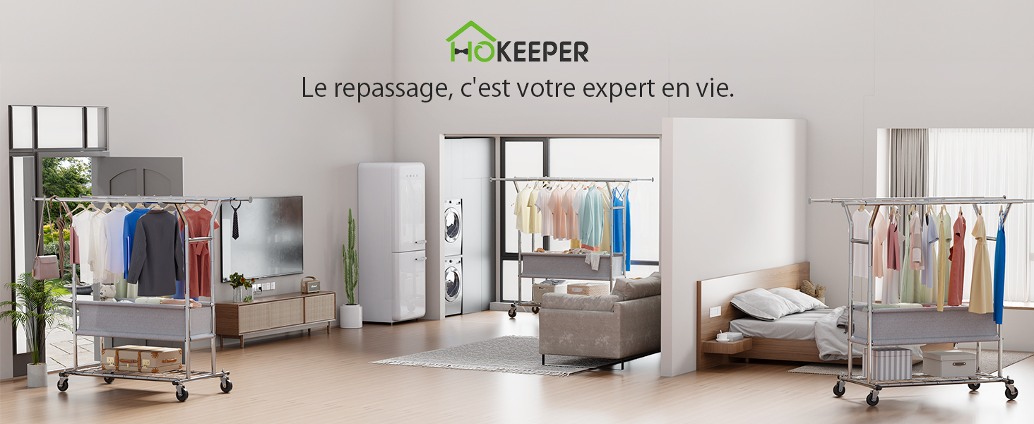 Le texte indique « KEEPER ». Photos de design d'intérieur montrant des pièces minimalistes modernes avec des meubles et des solutions de rangement dans des tons neutres.