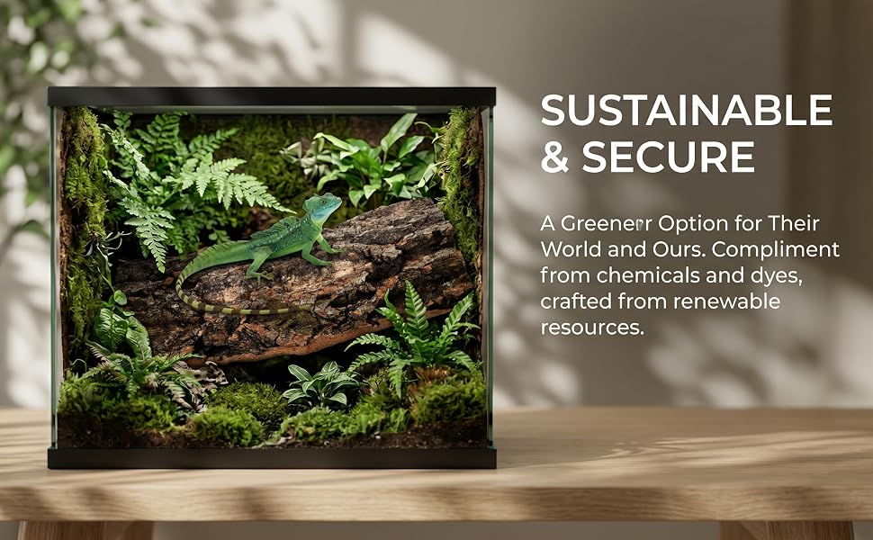 Text reads 'SUSTAINABLE &amp; SECURE'. Promotional image showing woodland scene with text about eco-friendly power solutions made from renewable sources.