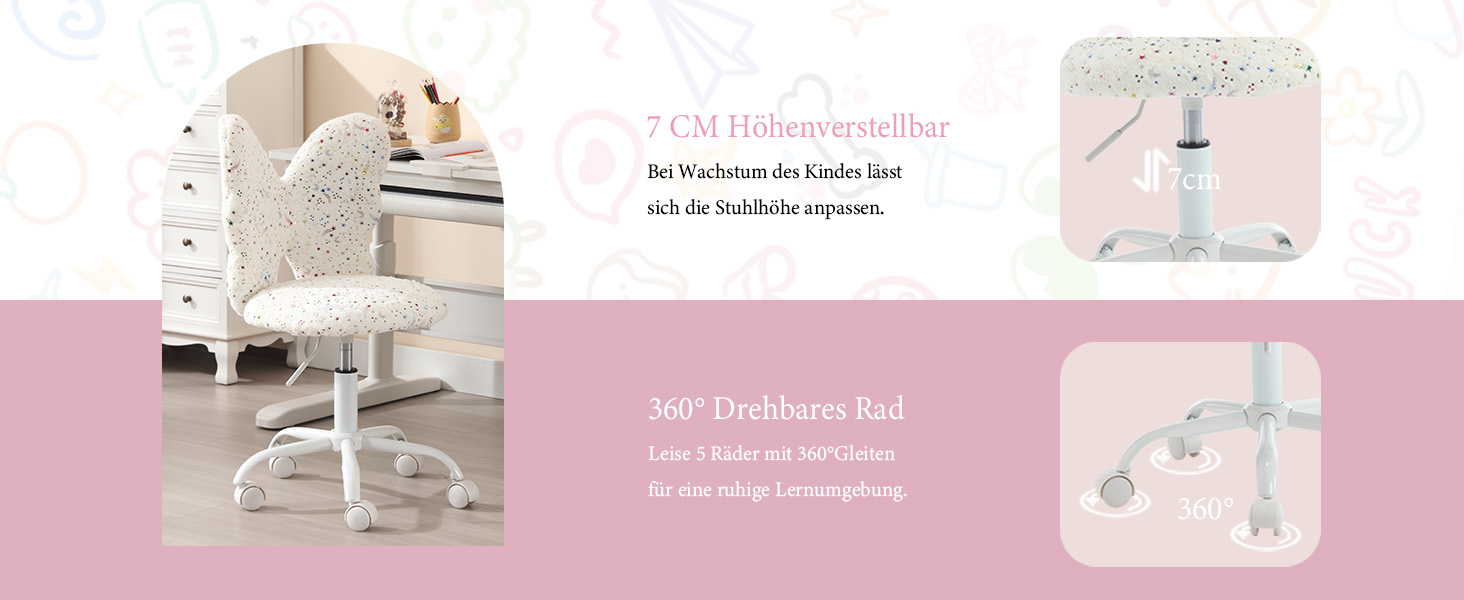 Bürostuhl aus weißem Kunstfell mit verstellbarer Höhe und um 360 Grad drehbarem Fuß. Zu den Merkmalen gehören eine weiche Polsterung und ein modernes Design, das sich für Wohn- oder Arbeitsumgebungen eignet