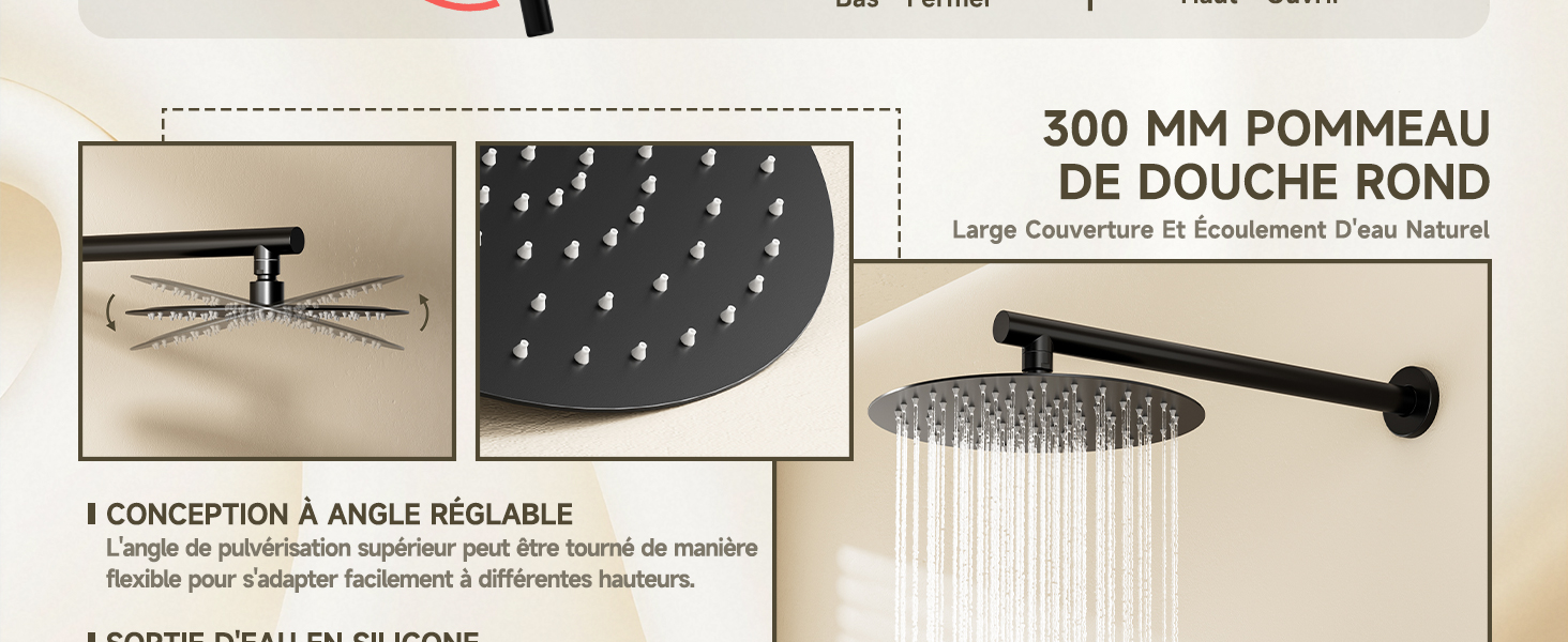 Le texte indique « POMMEAU DE DOUCHE ROND 300 MM ». Schéma technique du produit montrant différentes vues et spécifications d'un pommeau de douche rond avec texte français.