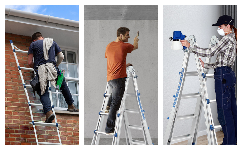 Diverse foto che mostrano qualcuno che usa una scala a pioli, dimostrando le corrette tecniche di sicurezza e posizionamento della scala. Le foto mostrano diverse angolazioni di utilizzo della scala.