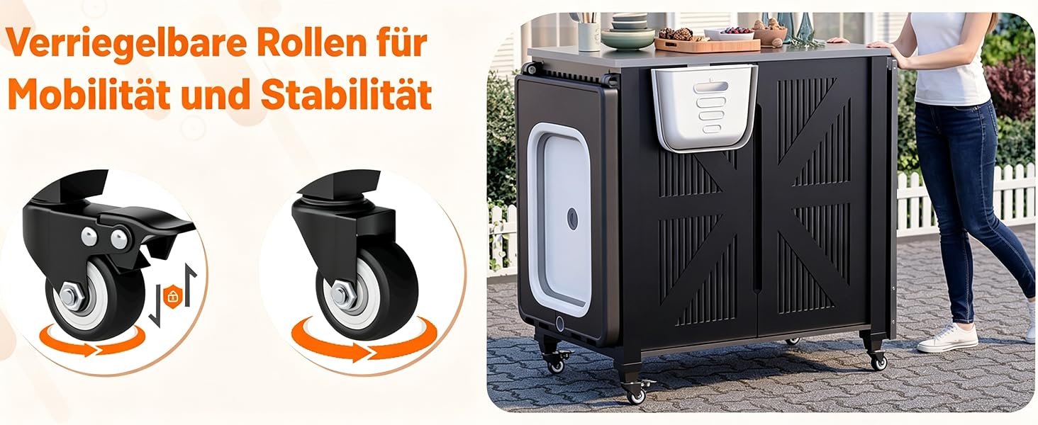 Der Text lautet „Verschleißbare Rollen für Mobilität und Stabilität“. Schwarzer Mehrzweckwagen mit Rädern und offenem Kofferraum, nebeneinander ausgestellt.