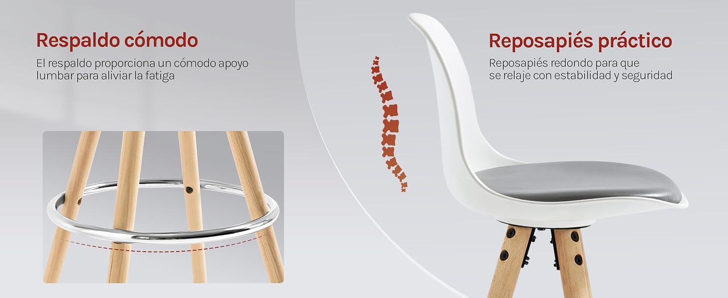 blanca con patas de madera y reposapiés de metal. Cuenta con un diseño ergonómico de respaldo y asiento. El diagrama muestra el beneficio de la alineación de la columna vertebral con la forma de la silla