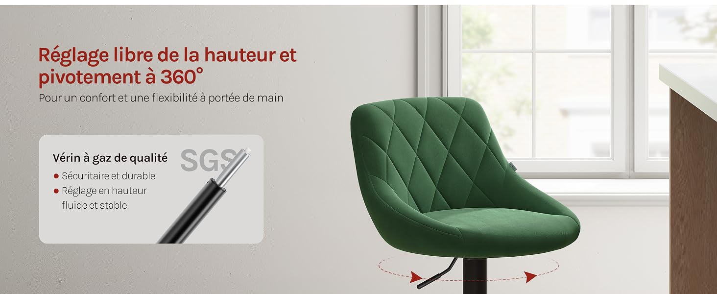 Le texte indique « Réglage libre de la hauteur et pivotement à 360° ». Chaise de bureau en velours vert sur fond blanc avec une superposition de texte décrivant les caractéristiques de réglage de la hauteur.