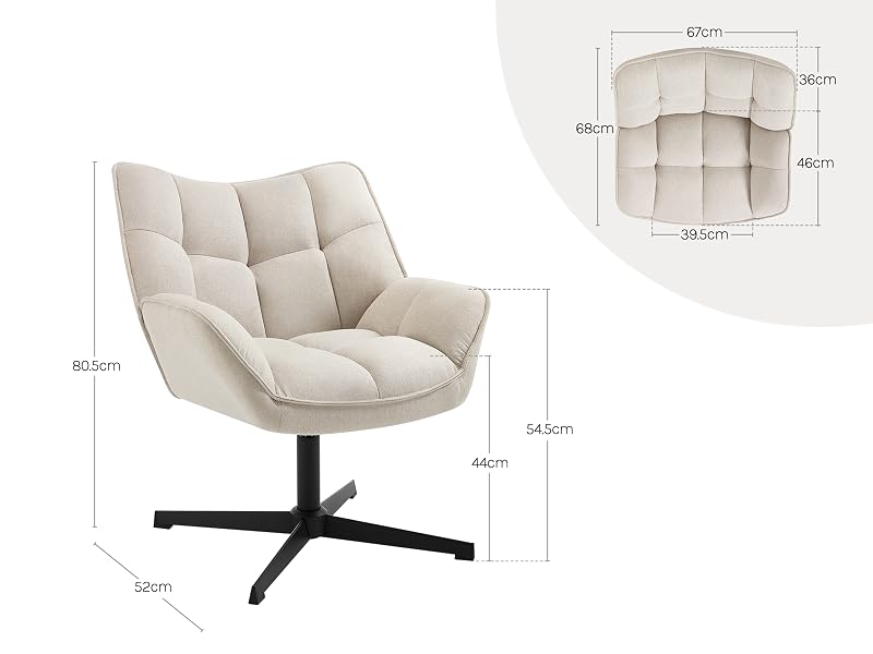 avec revêtement en tissu beige capitonné. Dispose d'un dossier bas, d'un siège large et d'une base en forme d'étoile en métal noir. Dimensions indiquées : 80,5 cm de hauteur, 54,5 cm de largeur, 59 cm