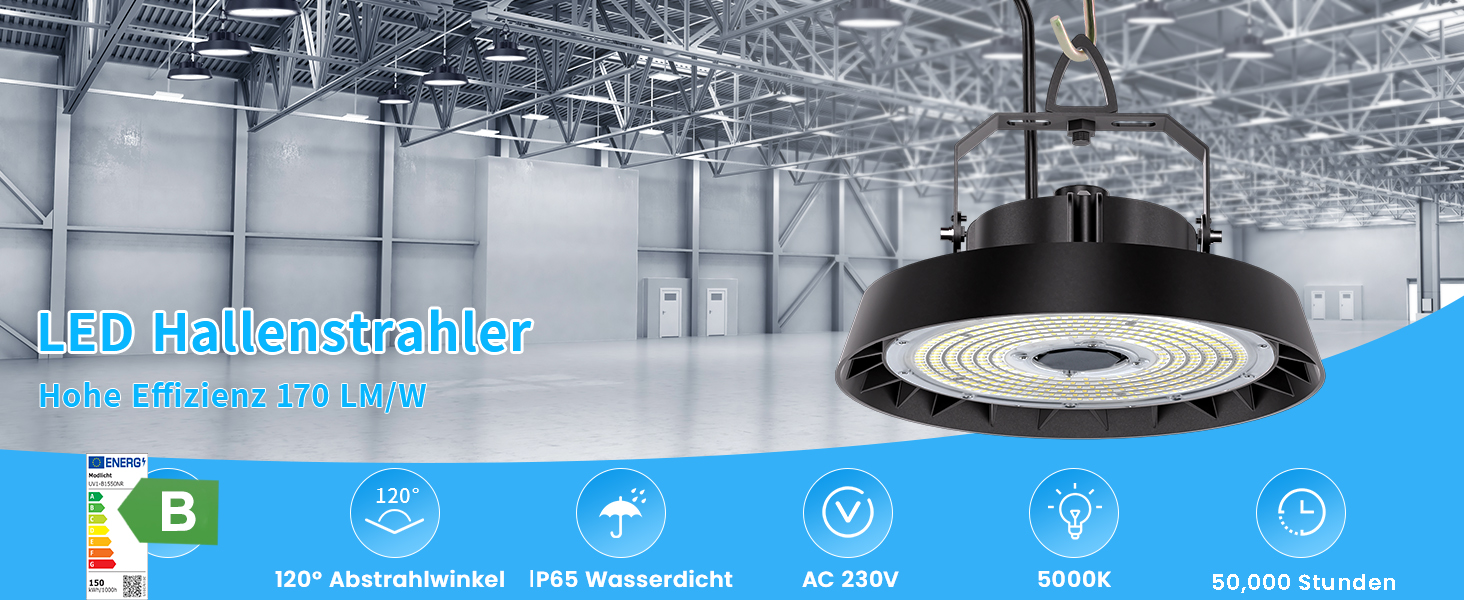 Industrielle LED-Hochregallampe, an der Lagerdecke montiert, mit Bedienoberfläche, auf der mehrere Steuersymbole darunter angezeigt werden