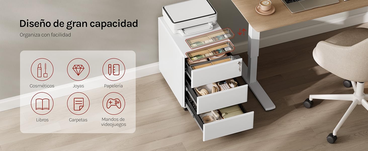 con varios cajones abiertos, que muestra un almacenamiento organizado para material de oficina. Los iconos ilustran varias capacidades y características de almacenamiento. El texto en español describe el diseño de alta capacidad.