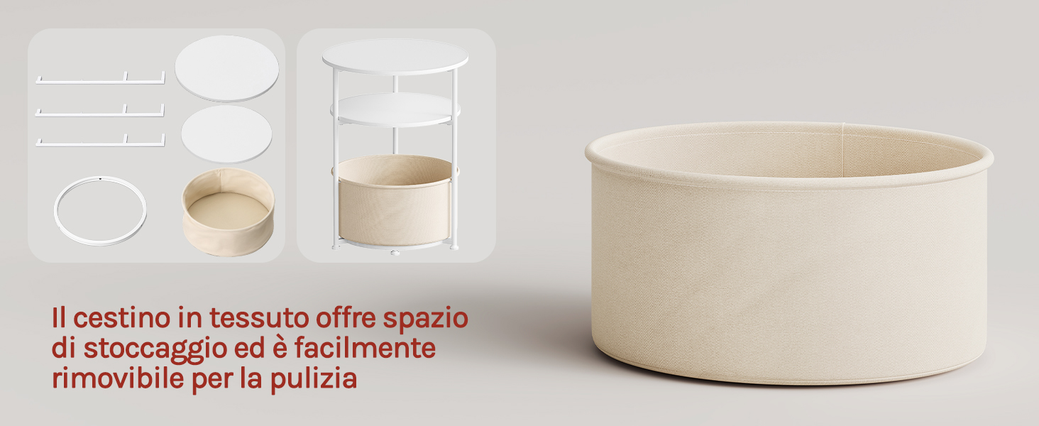 Il testo recita «Il castino in tessuto offre spazio di stoccaggio ed è facilmente removibile per la pulizia» (italiano). Contenitori portaoggetti in tessuto beige e cestino cilindrico visualizzati su sfondo bianco che mostra le soluzioni di stoccaggio.