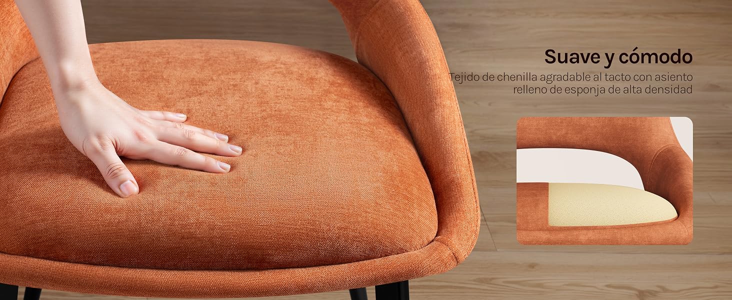 El texto dice «Suave y adorado» con imágenes parciales del producto que muestran una superficie de tela texturizada de color naranja/coral y detalles blancos del producto sobre un fondo neutro.