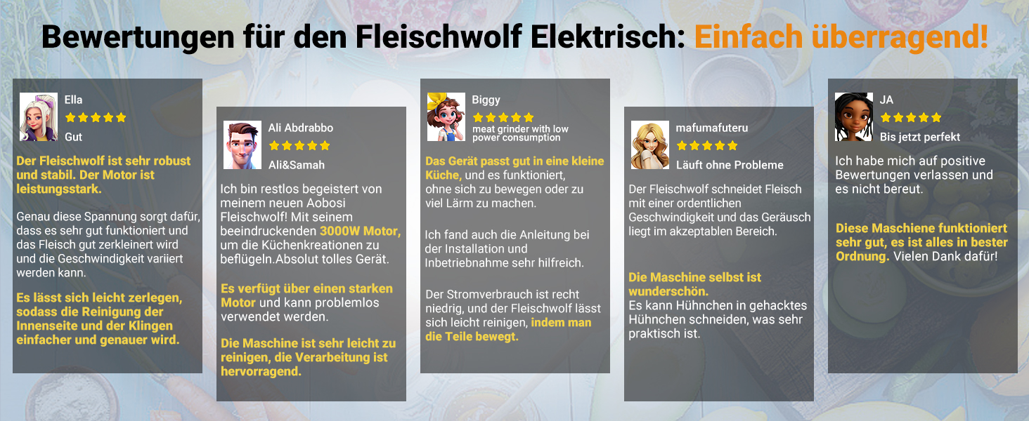Sammlung von fünf Kundenbewertungskarten auf Deutsch mit Sternebewertungen und Textfeedback, horizontal auf grauem Hintergrund angeordnet.