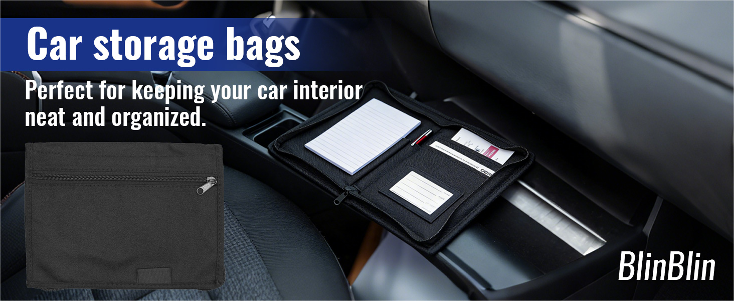 Text reads 'Car storage bags' and 'Perfect for keeping your car interior neat and organized.' 'BlinBlin' brand name. Dark promotional image showing car storage organization product.