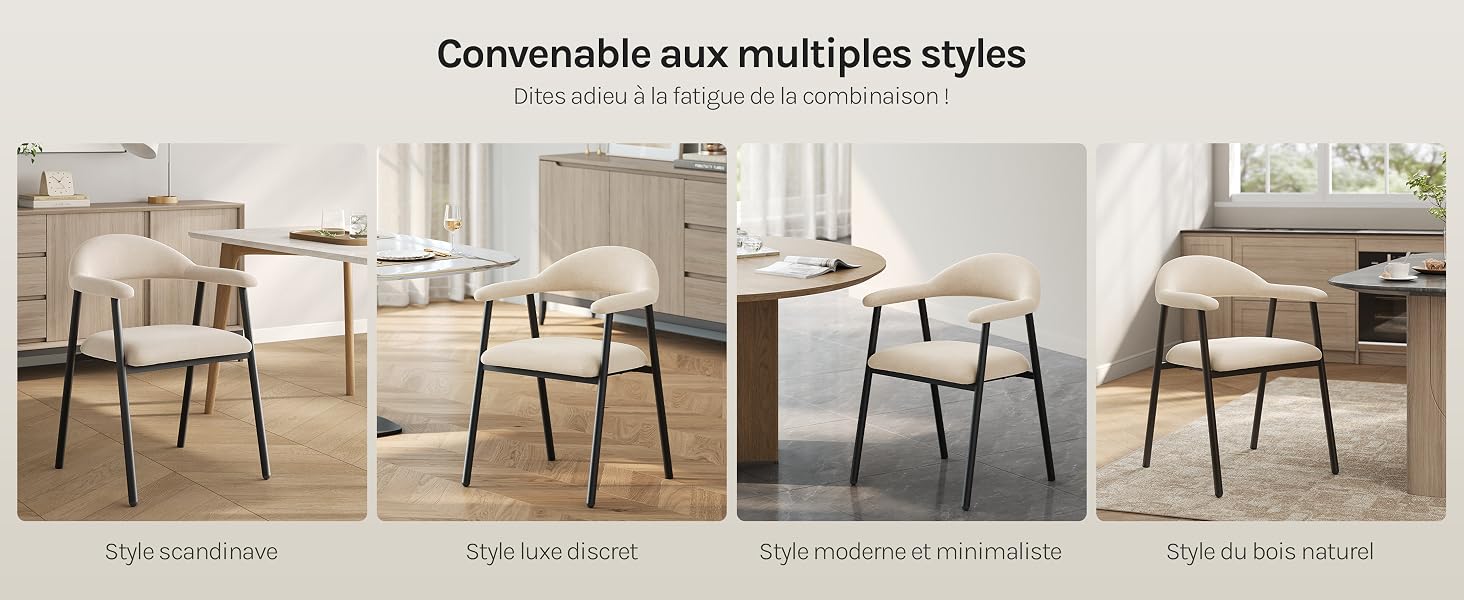 Le texte indique « Convertible aux multiples styles ». Quatre chaises de salle à manger en bois présentées dans différentes configurations et configurations de pièce démontrant un design polyvalent.