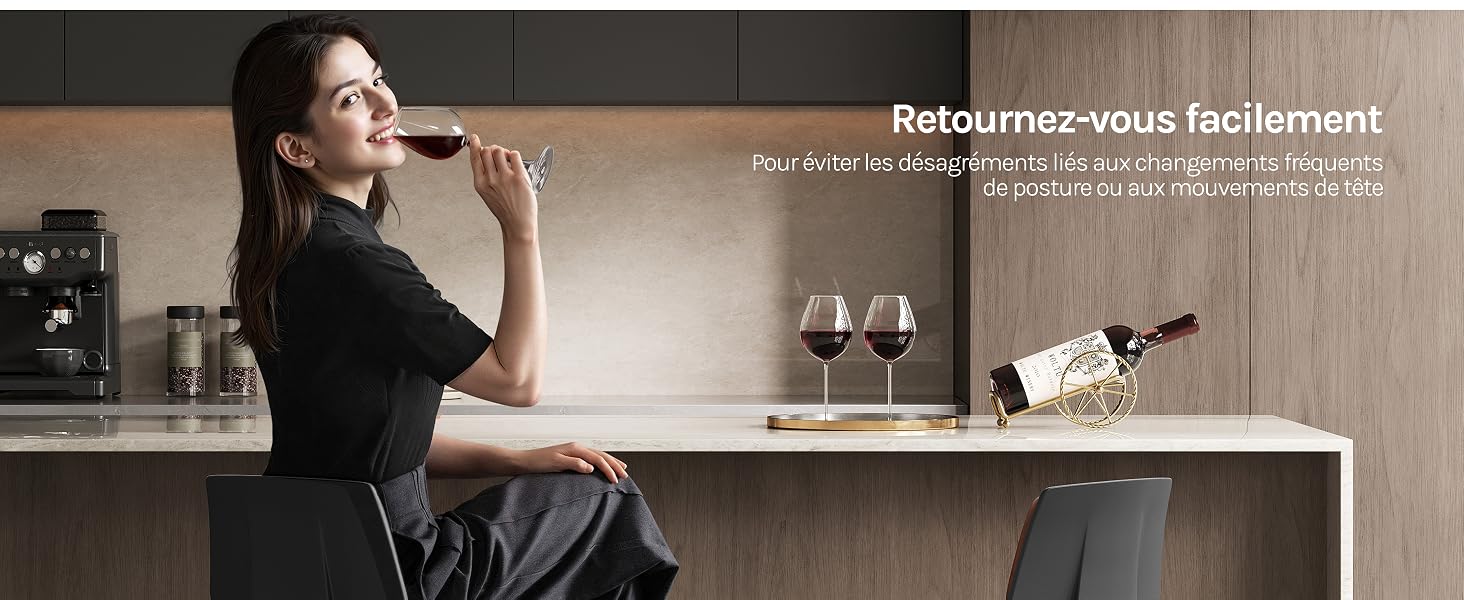Le texte se lit comme suit : « Retournez-vous facilement ». Scène de cuisine montrant la configuration d'un comptoir ou d'un bar.