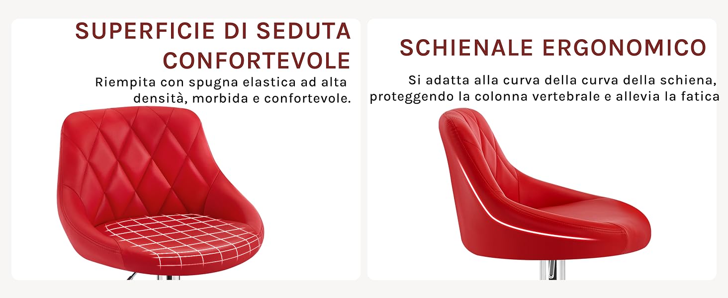 Sedia moderna rossa con seduta trapuntata e schienale liscio. L'immagine divisa mostra la superficie del sedile strutturata e il design ergonomico dello schienale. Il testo in italiano descrive