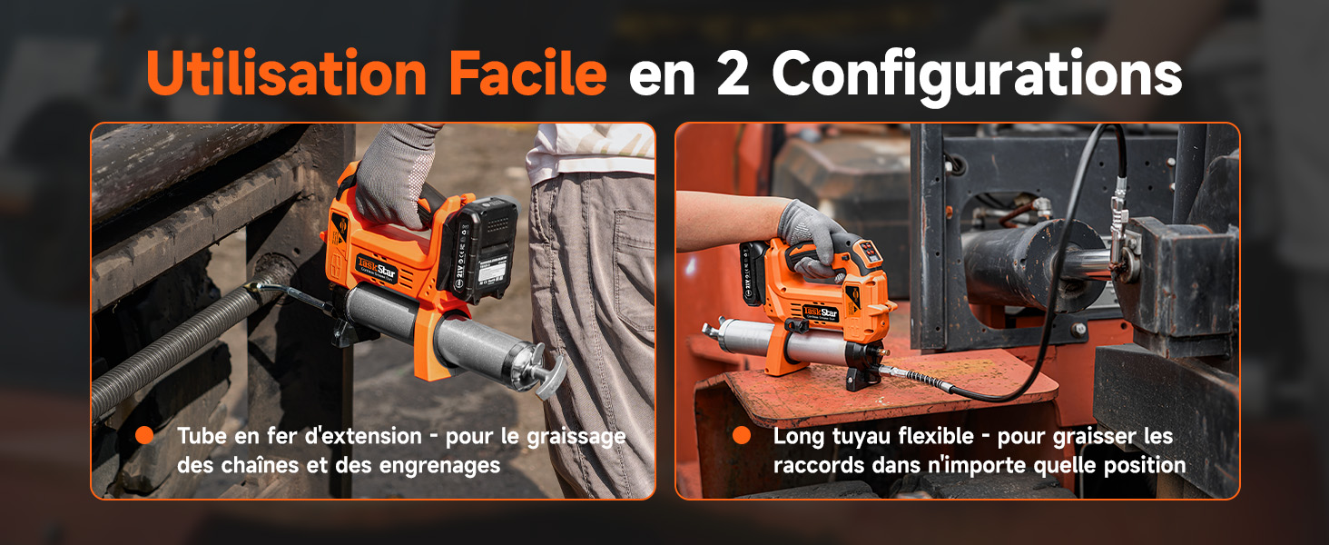 Le texte indique « Utilisation facile en 2 configurations ». Deux images de démonstration montrant un équipement d'exercice orange dans différentes positions sur fond sombre.