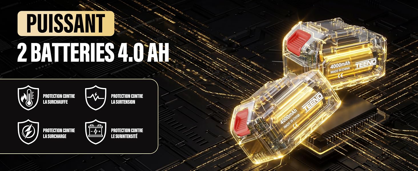 Le texte indique « PUISSANT » et « 2 BATTERIES 4,0 AH ». Publicité de produit montrant des cellules de batterie jaunes avec des icônes techniques indiquant les spécifications d'alimentation.
