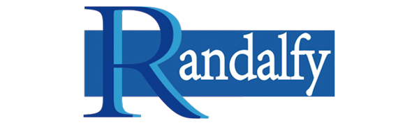 Text reads 'R' and 'Randally'. Corporate logo variations in blue showing different presentations of the letter R and company name.