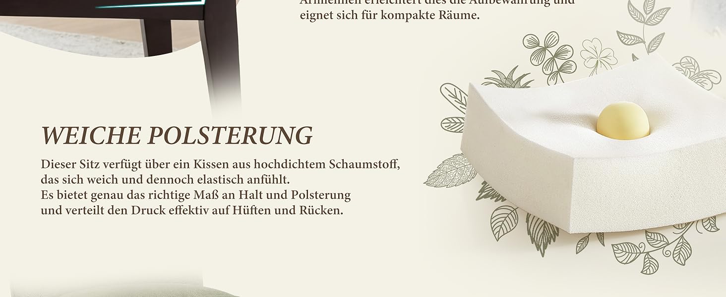 Der Text lautet: „WEICHE POLSTERUNG“. Cremefarbenes Kissen mit botanischen Blattillustrationen und gelbem Apfelmotiv. Das weiche Polstermaterial sorgt für ein angenehmes Sitzgefühl.