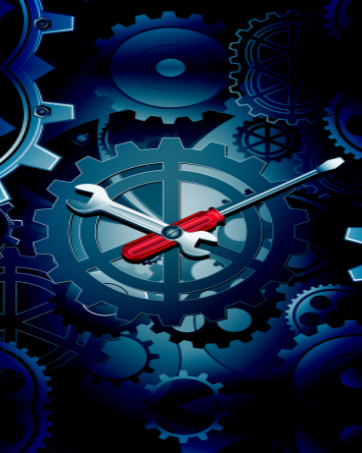 Clock face with mechanical gears in blue tones. Red and white clock hands point to 3:00 against a backdrop of interlocking cogs and gears.