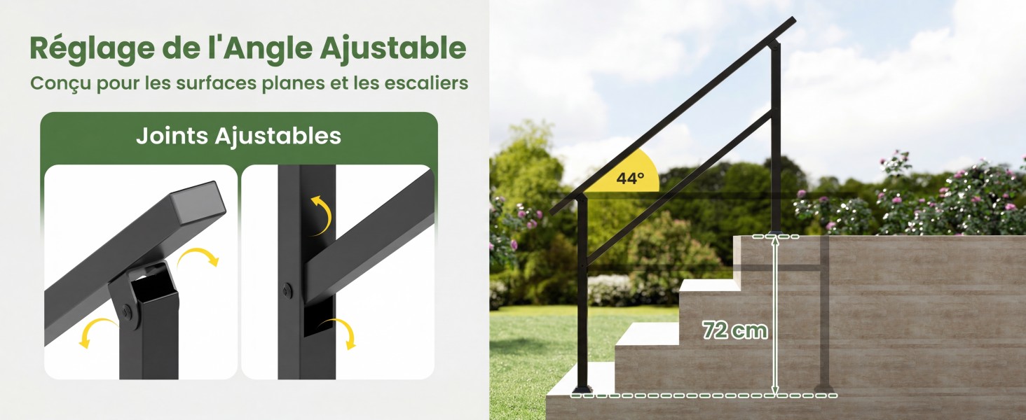 Le texte indique « Réglage de l'Angle Adjustable » et « Compu pour les surfaces planes et les scaroles », avec l'étiquette « Joints ajustables ». L'image montre un support d'angle réglable avec deux configurations de joints et une démonstration d'installation d'une pergola extérieure.