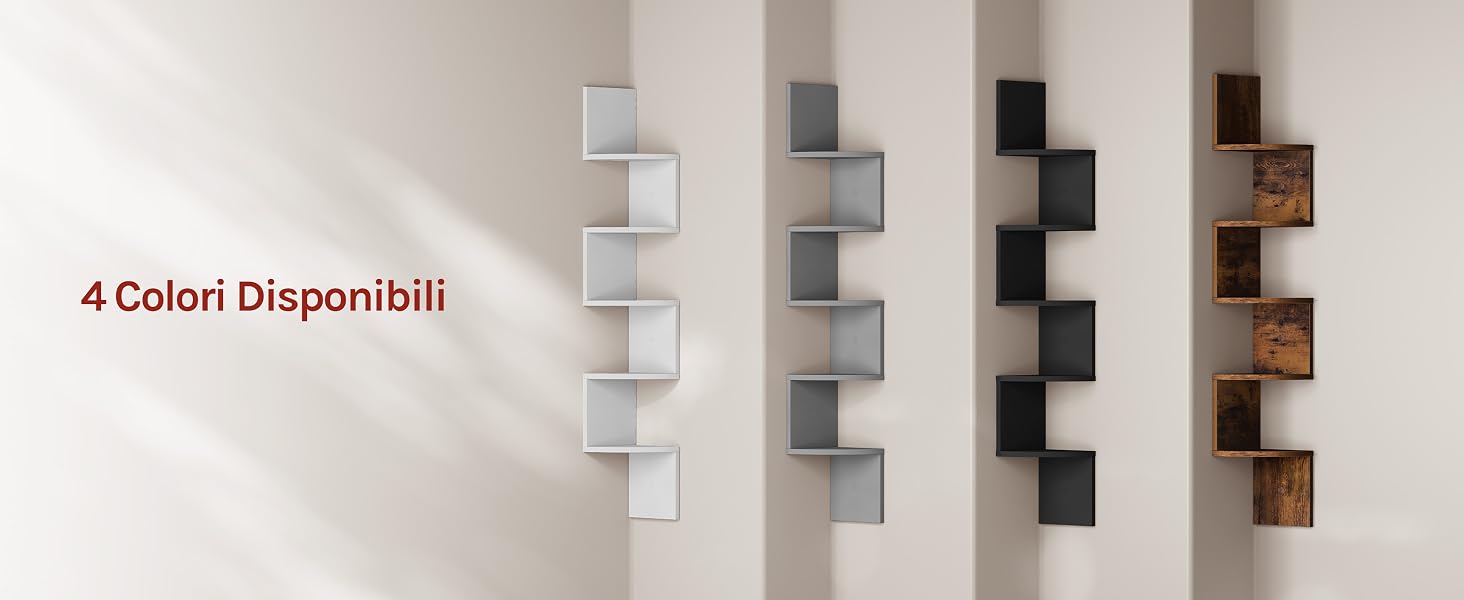 Il testo recita «4 Colori Disponibili». Pannelli decorativi a parete nei toni del bianco, del nero e del legno disposti secondo un motivo geometrico a croce.