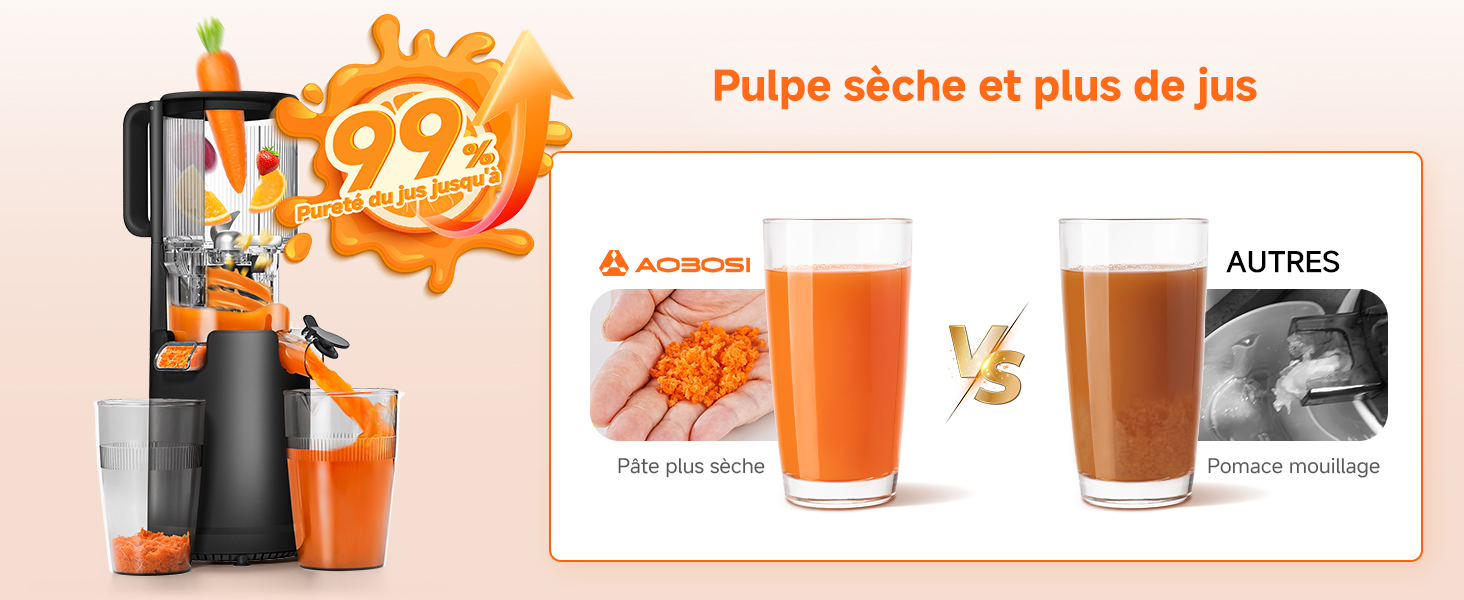 Le texte se lit comme suit : « Pulpe sèche et plus de jus ». Démonstration du produit montrant le processus d'extraction du jus d'orange à l'aide de verres à jus et d'un presse-agrumes.
