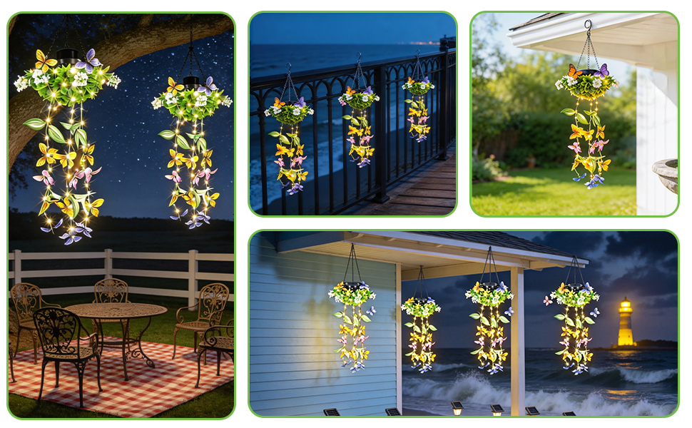 Composite showing four variations of outdoor string light decorations with yellow lantern-style lights suspended in garden and patio settings.