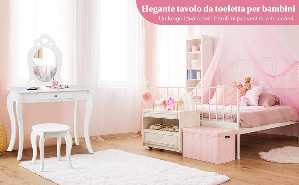 Set toeletta e sedia per bambine, Toeletta 2 in 1 con superficie