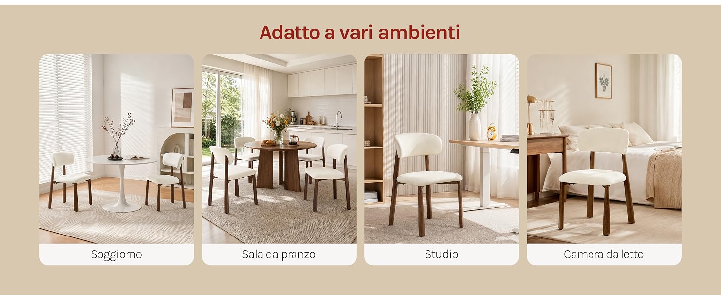 Il testo dice 'Adatto a vari ambienti' (Adatto a vari ambienti). Espositore per showroom di arredamento per interni con diverse sedie e tavoli in legno in diverse ambientazioni con tonalità neutre del beige.
